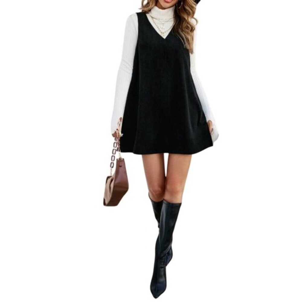 Black V Neck Corduroy Dress Without Sweater
